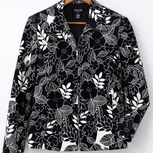 Black White Floral Zip Jacket Stretch Blazer Workwear Size M